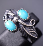 Size 8-3/4 Silver & Turquoise Navajo Feathers Ring by Harry B. Yazzie 6D28W