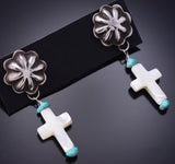 Silver & Mother of Pearl w/ Turquoise Navajo Cross Earrings Ravis Henry 6D20G