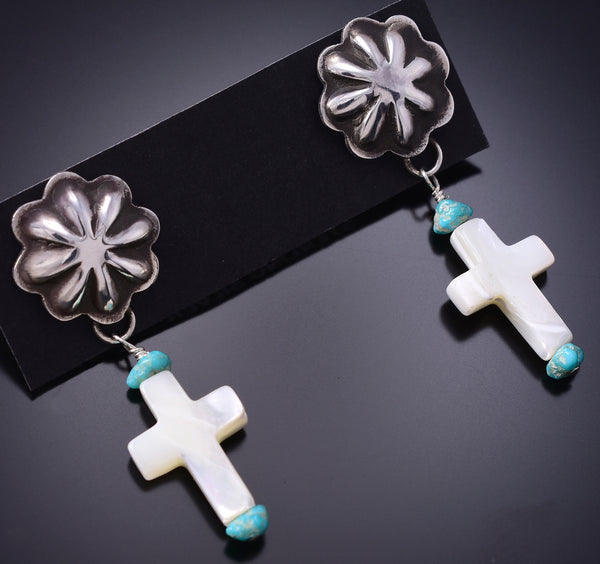 Silver & Mother of Pearl w/ Turquoise Navajo Cross Earrings Ravis Henry 6D20G