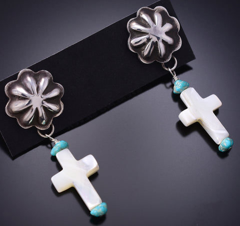 Silver & Mother of Pearl w/ Turquoise Navajo Cross Earrings Ravis Henry 6D20G