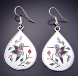 Silver & Coral Multistone Navajo Inlay Hummingbirds Earrings by Raymond Boyd 3F12K