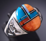 Size 11-1/2 Silver & Turquoise Multistone Navajo Inlay Mens Ring  Mary Lincoln 6D09S