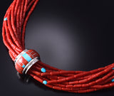 Silver & Turquoise Coral Navajo Inlay Barrel Spinner Necklace Erick Begay 6C02Z