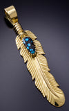 18k Gold & Lander Blue Turquoise Navajo Eagle Feather Pendant Erick Begay 6C02R