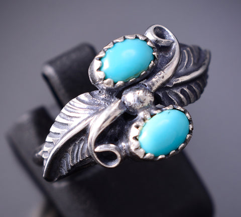 Size 8-3/4 Silver & Turquoise Navajo Feathers Ring by Harry B. Yazzie 6D28W