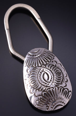 Silver Navajo Handstamped Flowers Navajo Key Ring 5B14G