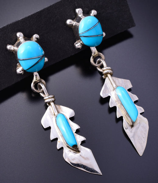 Silver & Turquoise Navajo Inlay Turtle & Feather Earrings by Maggie Bedah 3J16M