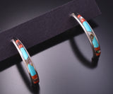 Silver & Turquoise Multistone Zuni Inlay Half Hoop Earrings by Jeanette Chavez 3G03E