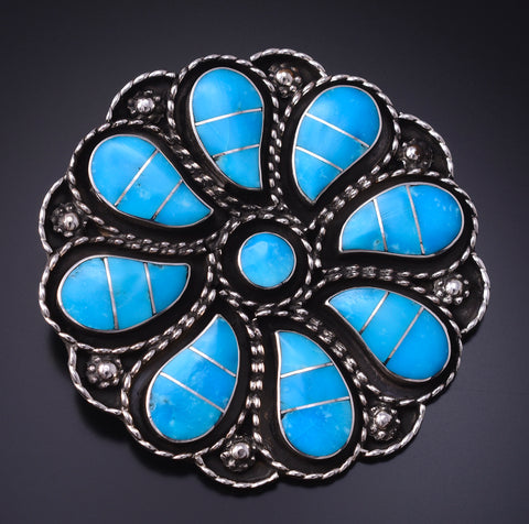 Silver & Turquoise Zuni Inlay Flower Pendant / Brooch by Faye Lowsayatee 5B06Q