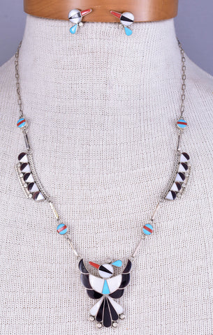 Zuni Thunderbird Silver & Inlay Necklace by Leagus Ahiyite - 5L23Q