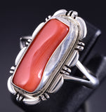 Size 7-3/4 Silver & Coral Navajo Handmade Ring by Norvin Johnson 5L26W