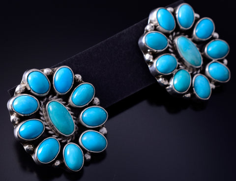 Silver & Turquoise Flowers Navajo Earrings 5E06W