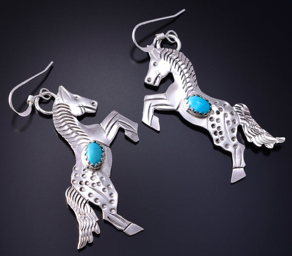 Silver & Turquoise Navajo Handmade Free Horses Earrings by Louise Yazzie 5G16M