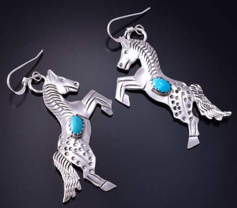 Silver & Turquoise Navajo Handmade Free Horses Earrings by Louise Yazzie 5G16M