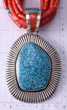 Silver & Kingman Turquoise w/ Coral Navajo Handmade Necklace Erick Begay 6C02Y