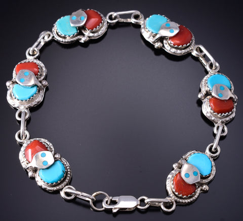 Silver & Turquoise w/ Coral Zuni Snake Link Bracelet Effie C. 6D27F