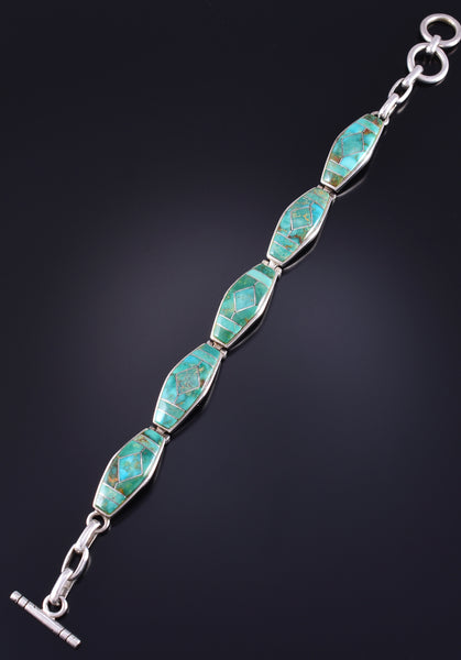 Vintage Silver & Turquoise Navajo Inlay Link Bracelet 5L17E