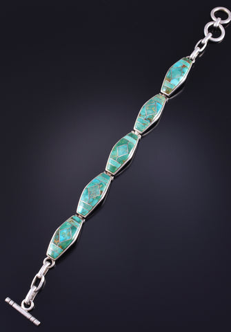 Vintage Silver & Turquoise Navajo Inlay Link Bracelet 5L17E