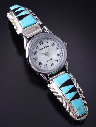 Silver & Turquoise w/ Jet Navajo Inlay Watchband (w/ watch) 5G28F