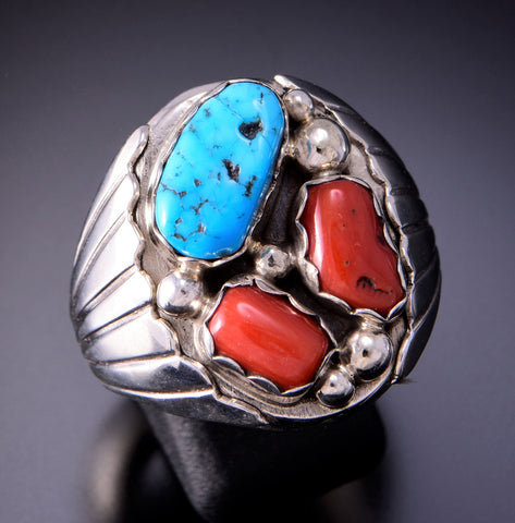 Size 11-3/4 Silver & Turquoise & Coral Navajo Men's Ring by Alvery Smith 3D06T