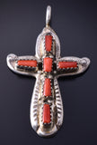 Silver & Mediterranean Coral Zuni Handmade Cross Pendant by Lupe Iule 5F10Z