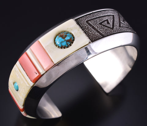 Vintage Silver & Turquoise Multistone Navajo Inlay Bracelet Richard Tsosie 5K10D