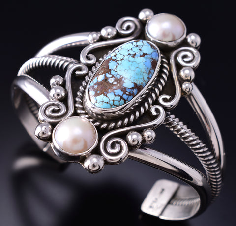 Silver & Golden Hills Turquoise Fresh Pearl Navajo Bracelet by Erick Begay 6F27Q