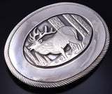 Vintage Silver Navajo Handmade Roaming Elk Belt Buckle by Tom Bahe 5L13M
