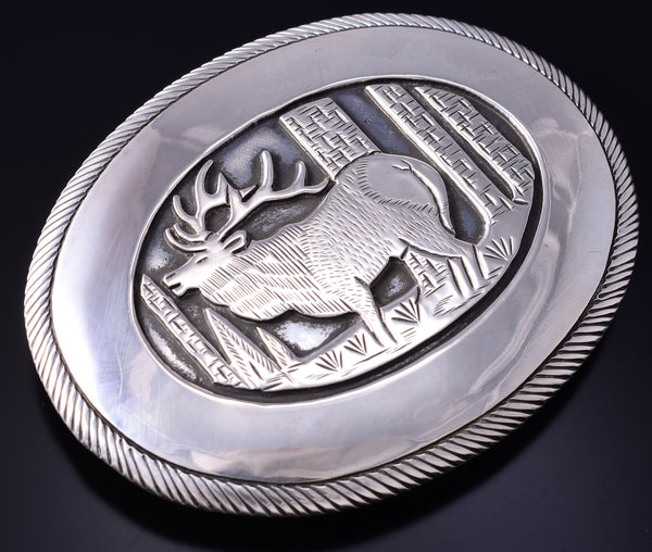 Vintage Silver Navajo Handmade Roaming Elk Belt Buckle by Tom Bahe 5L13M