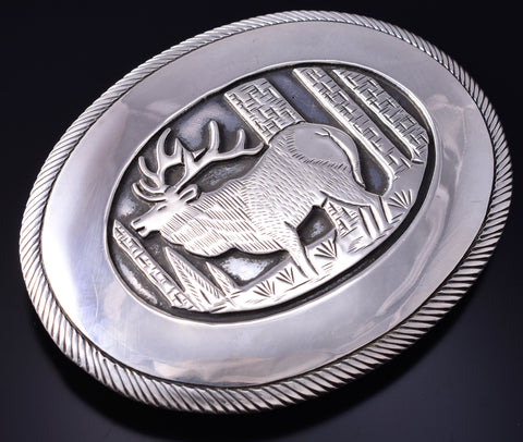 Vintage Silver Navajo Handmade Roaming Elk Belt Buckle by Tom Bahe 5L13M