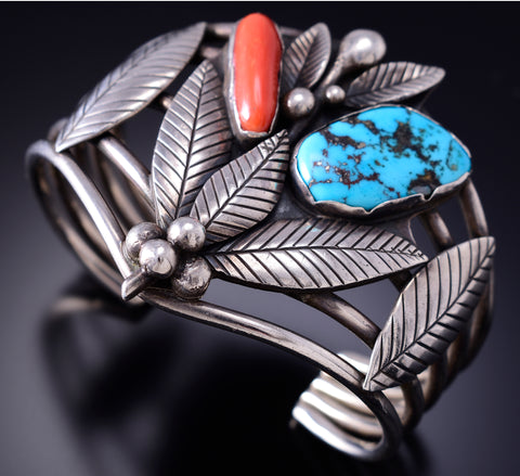 Vintage Silver & Turquoise w/ Coral Eagle Feather's Home Bracelet 6E14X