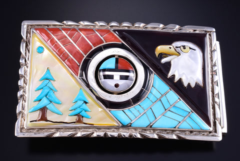 Silver Multistone Zuni Inlay Spinner Sunface Buckle by Don Dewa 5L25Y