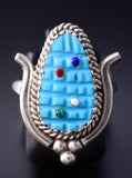 Size 6-3/4 Silver Multistone Zuni Inlay Corn Ring by Beverly Etsate 5L07N