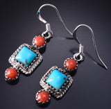 Silver & Turquoise w/ Coral Navajo Dangle Earrings by Gary Shorty 5G18F