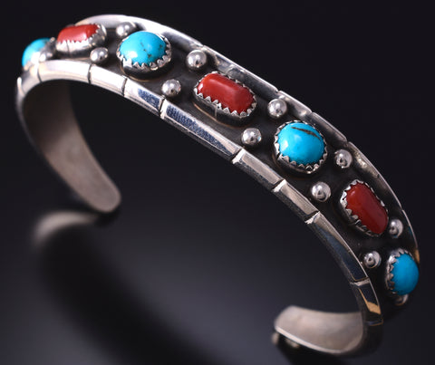 Silver & Turquoise w/ Coral Navajo Handmade Bracelet by Reed Charley 5J18P