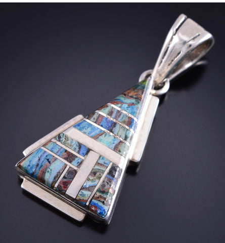Vintage Silver Rainbow Calsilica Inlay Pendant by M. Hildreth 5L26X