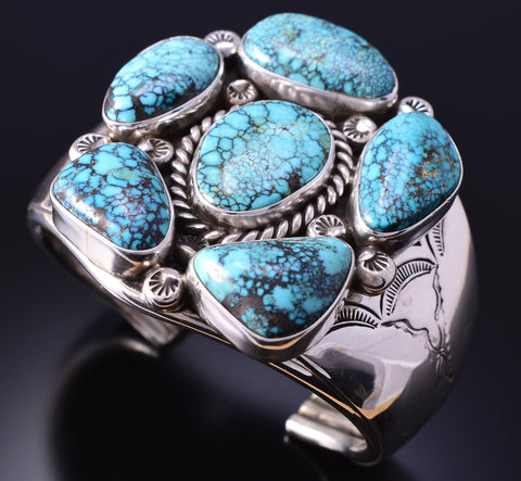 Vintage Silver & Turquoise Navajo Cluster Bracelet by Able Arthur 4K10Q