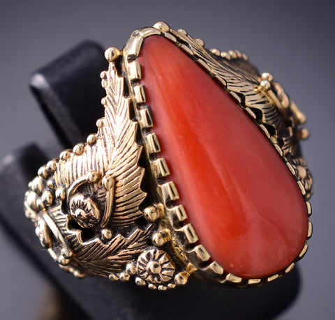 Size 7 Vintage 14k Gold & Coral Eagle Feathers Navajo Ring by Boyd Tsosie 6F09G