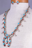 Zuni silver & Turquoise and Coral Squash Blossom Necklace Signed Effie C 5L23H