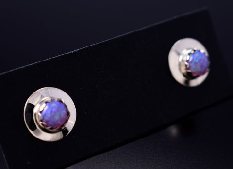 Blue-Green Fire Opal - Navajo Handmade Sterling Silver Post Earrings by Juanita Manygoats - 6J31M