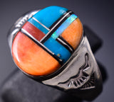 Size 11-1/2 Silver & Turquoise Multistone Navajo Inlay Mens Ring  Mary Lincoln 6D09S