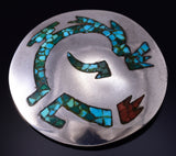 Vintage Silver & Turquoise w/ Coral Navajo Chip Inlay Brooch 5F10J