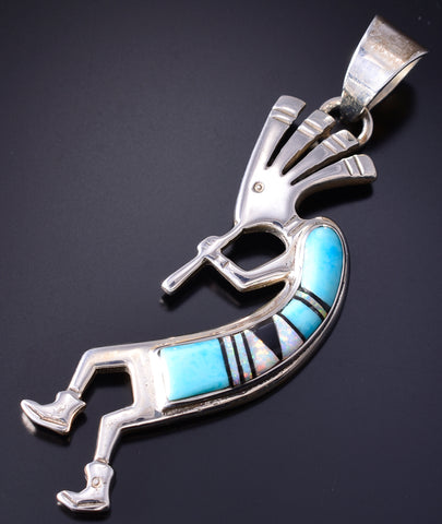 Silver & Turquoise Multistone Navajo Inlay Kokopelli Pendant by Allen Lee 5L21C