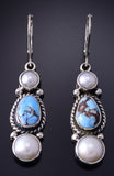 Silver & Golden Hills Turquoise Fresh Pearl Navajo Earrings by Erick Begay 5H02F
