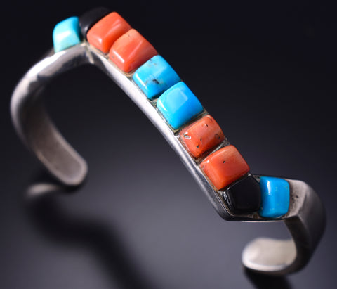 Vintage Silver & Turquoise w/ Coral Navajo Inlay Wave Bracelet 6E14P