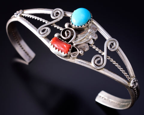 Silver & Turquoise w/ Coral Navajo Open Face Bracelet by William Begay 5L20O