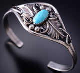 Silver & Kingman Turquoise Eagle Feathers Navajo Bracelet by Harry Yazzie 6H31A