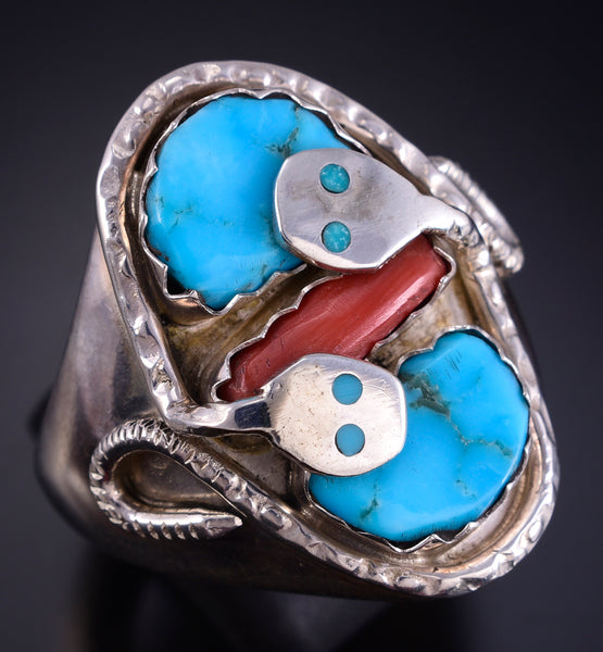 Size 13.5 Silver & Turquoise Zuni Snake Eyes Men's Ring - Effie Calavaza 5L05R