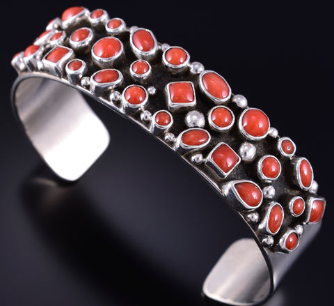 Vintage Silver & Coral Navajo Handmade Cluster Bracelet stamped TT 5K22V