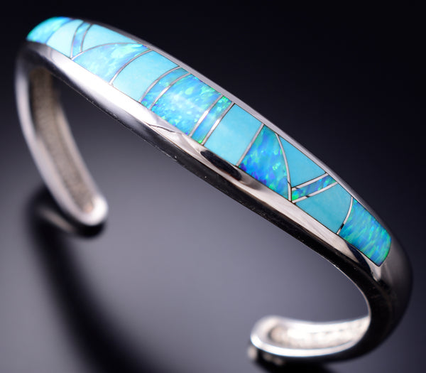 Preowned - Silver & Turquoise w/ Opal Navajo Inlay Bracelet by Sunburst Handcrafts 6J23O